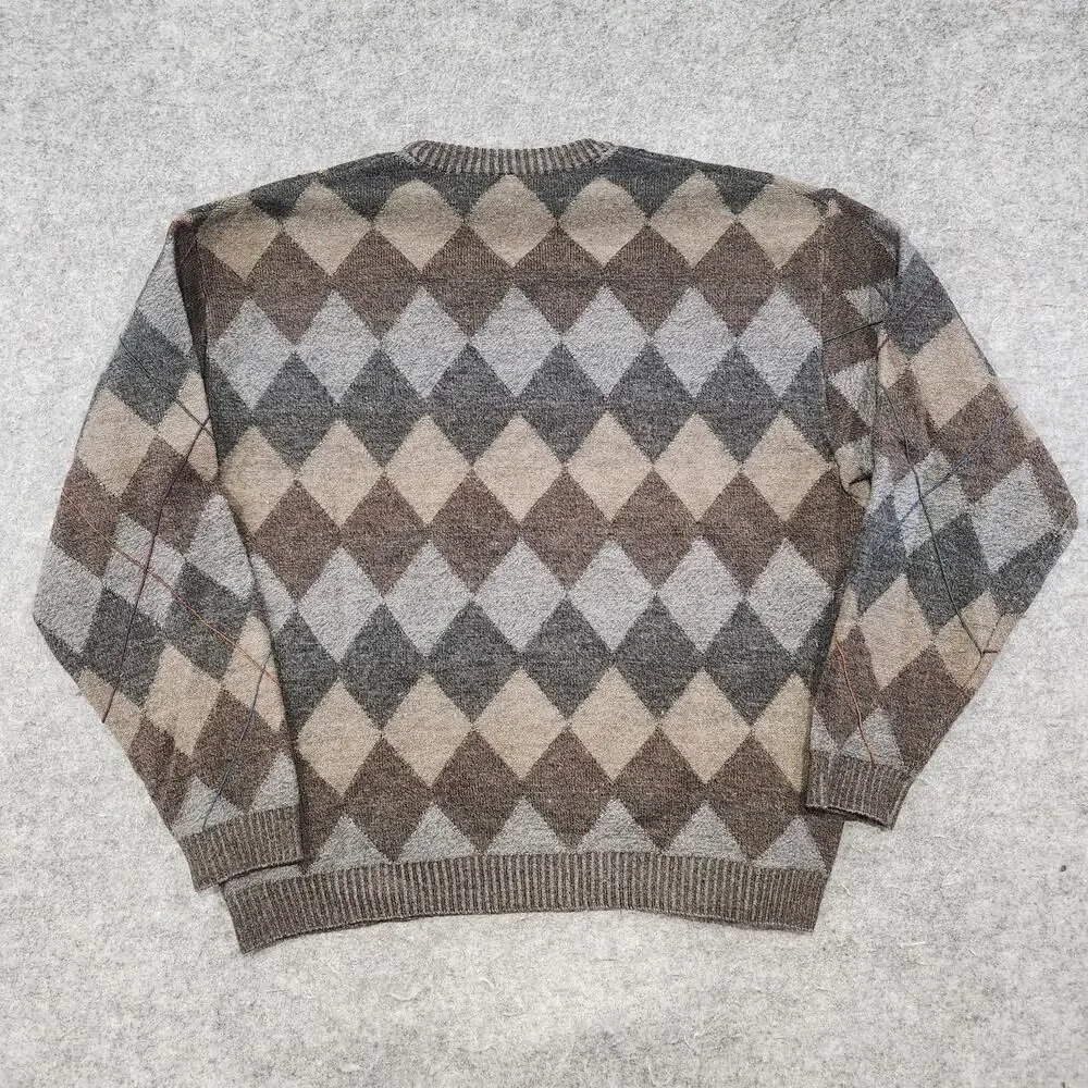 VTG Tricots St Raphael Mens L Large Pure‎ New Wool Knit Crewneck Argyle Sweater
